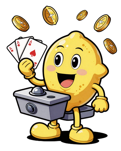 Lemon Casino Maskottchen sitzt am Spielautomaten mit Spielkarten und dreht die Walzen