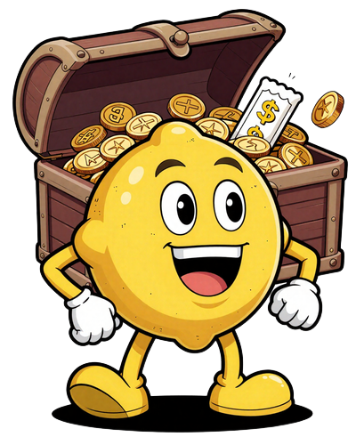 Lemon Casino Maskottchen &ouml;ffnet Schatztruhe voller Casino-Boni und Freispiele
