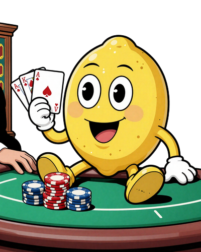 Lemon Casino Maskottchen am gr&uuml;nen Blackjack-Tisch mit Ass und K&ouml;nig in der Hand