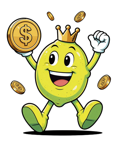 Lemon Casino Maskottchen - fr&ouml;hliche Zitrone gewinnt Jackpot mit goldenen M&uuml;nzen